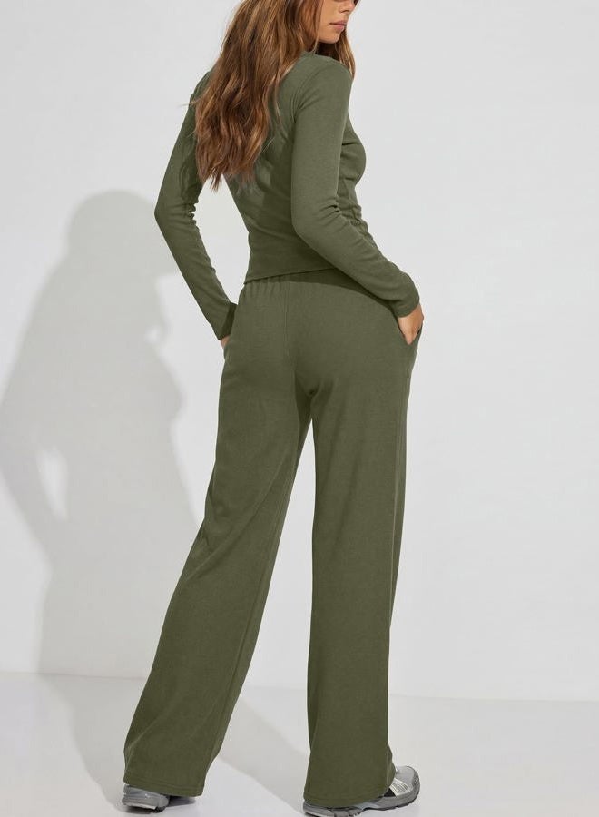 Darong Women's Fall Trendy 2 Piece Outfits Lounge Sets Long Sleeve Top Henley Shirts Wide Leg Pants Travel Clothes, Army Green, XS - Image 2
