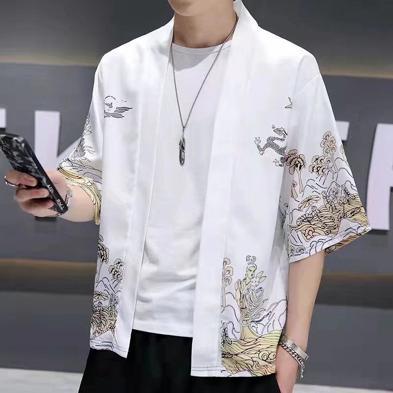 كارديغان كيمونو زوجين بتصميم صيني داكن ريترو للرجال والنساء بأكمام 3/4 فضفاضة مزينة بطائر الكركي - Image 4