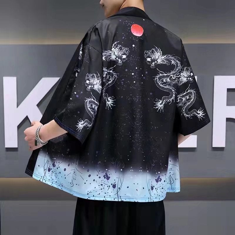 كارديغان كيمونو زوجين بتصميم صيني داكن ريترو للرجال والنساء بأكمام 3/4 فضفاضة مزينة بطائر الكركي - Image 3