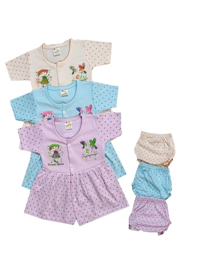 BONUM Battu Half Sleeve Frock Top and Shorts Set for New Born Baby Girl Pack of 3 (3-6 Months) - Image 1
