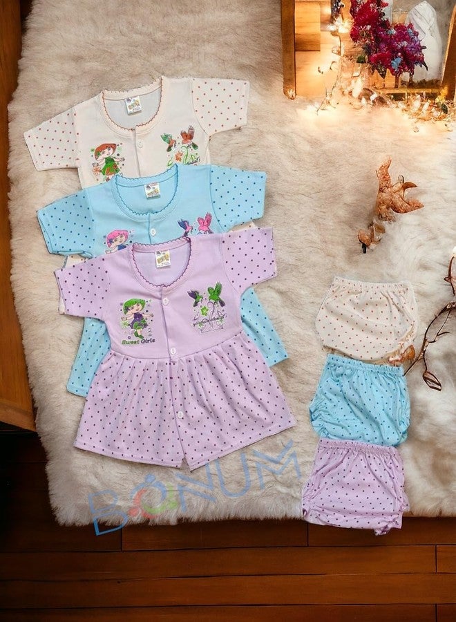 BONUM Battu Half Sleeve Frock Top and Shorts Set for New Born Baby Girl Pack of 3 (3-6 Months) - Image 2