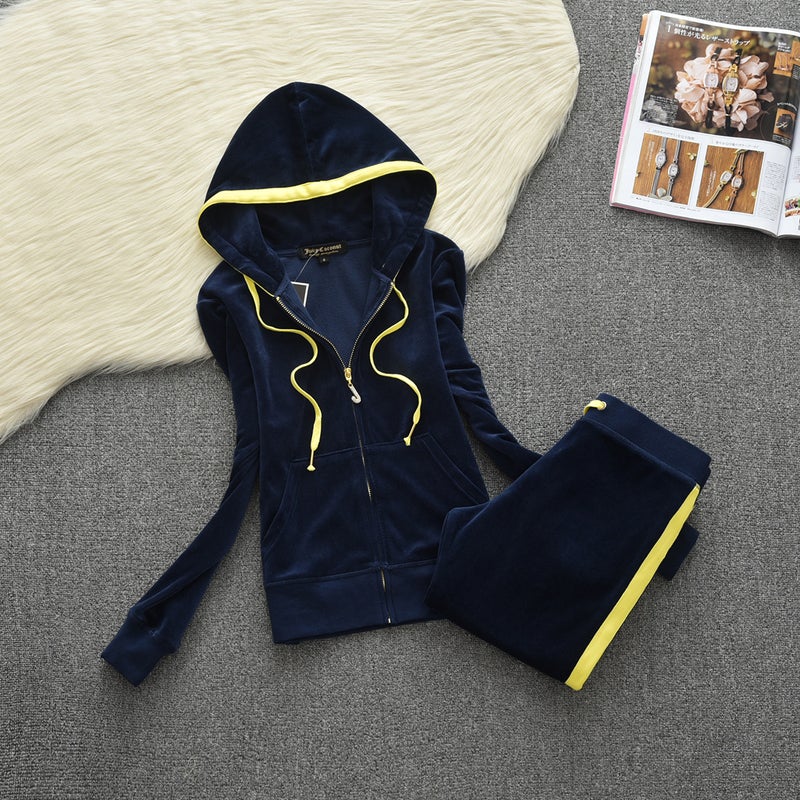 2021 Spring Gold Silk Velvet Sports Suit Fashion Color Block Brace Casual Hood Slim-Fit Two-Piece Fashionable Set - Image 1
