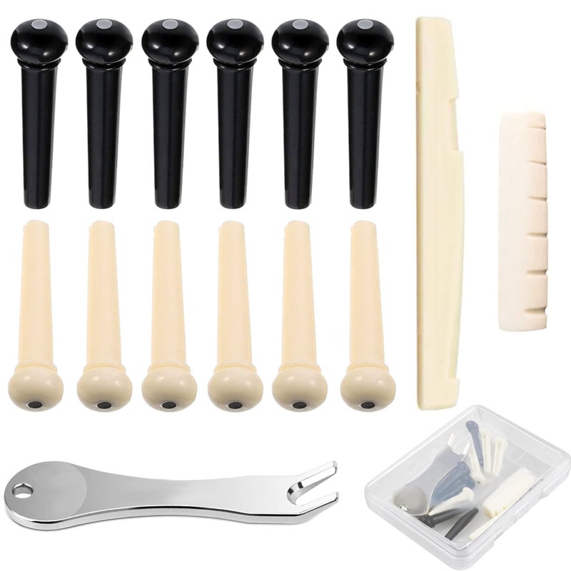 RUSON 12 Pcs Acoustic Guitar Bridge Pins with Bridge Pin Puller Remover & Guitar Bridge Saddle Nut, Guitar Pegs Replacement Parts and Accessories - Image 1