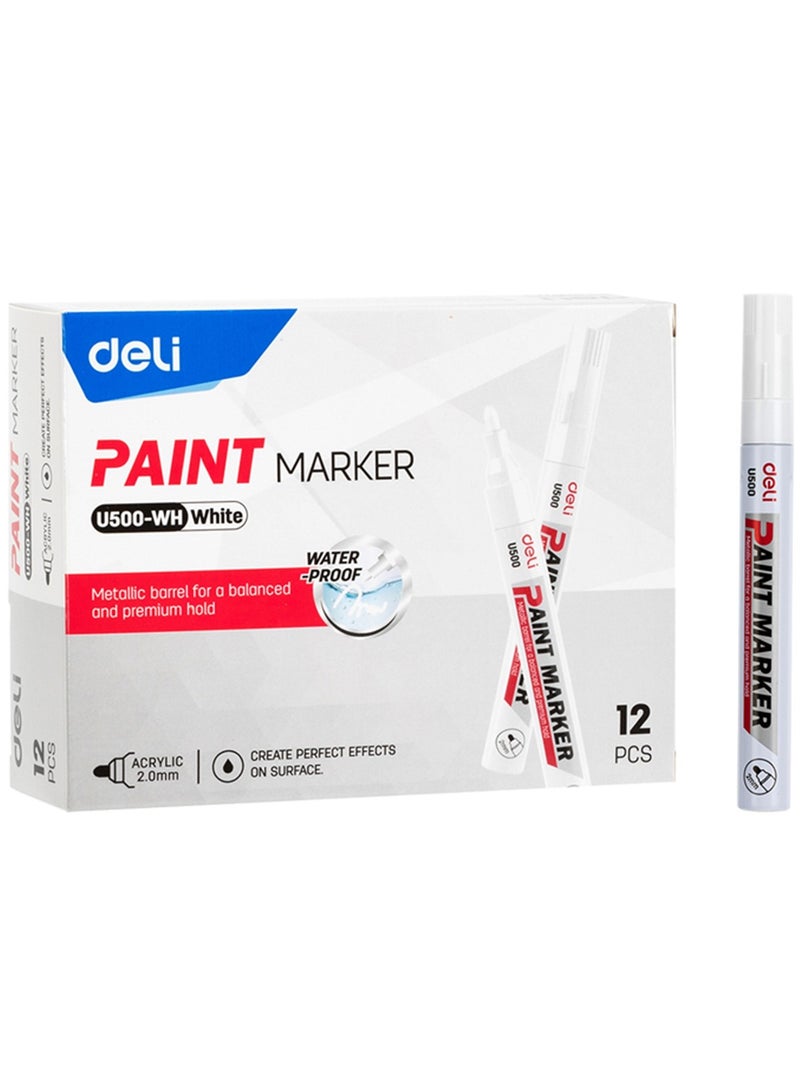 Deli 12-Piece Round Tip Paint Marker White Ink - Image 1