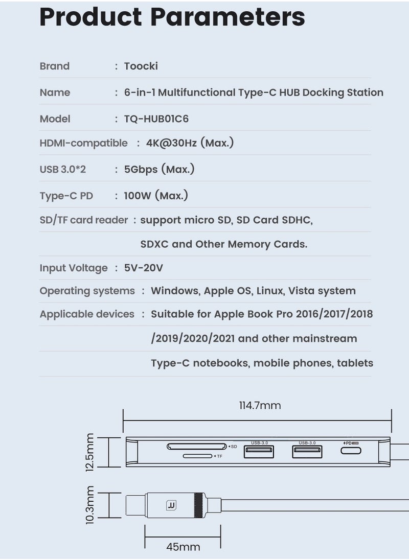 Toocki USB C HUB 6 in 1 type c to 4k HDMI 100W Power Delivery Port, 4K HDMI, 2 USB 3.0 Ports, USB-C Ports and SD/TF Card Reader, Compatible with MacBook Pro, iPad Pro, Laptops and Smartphones