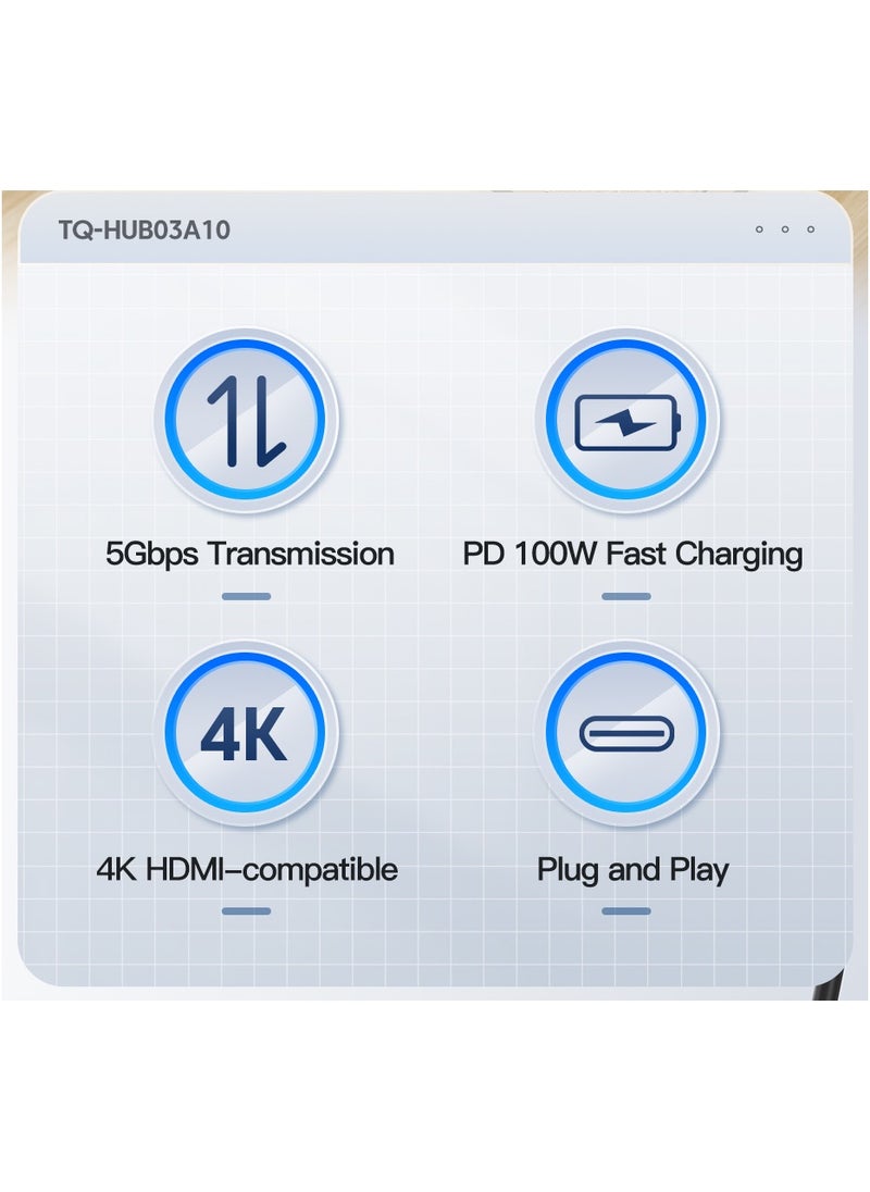 Toocki USB C HUB 6 in 1 type c to 4k HDMI 100W Power Delivery Port, 4K HDMI, 2 USB 3.0 Ports, USB-C Ports and SD/TF Card Reader, Compatible with MacBook Pro, iPad Pro, Laptops and Smartphones