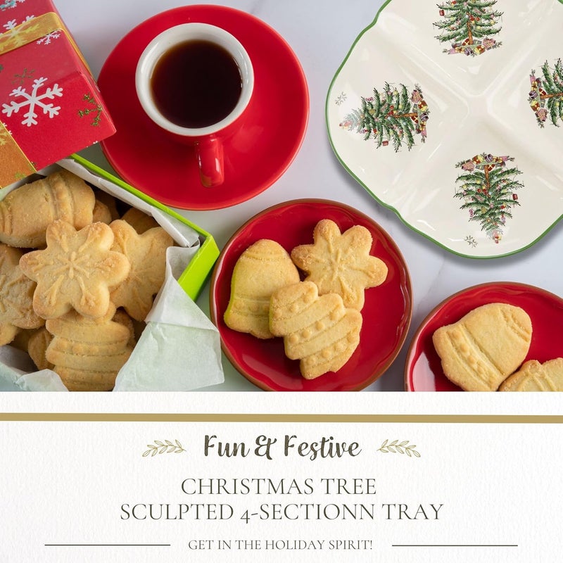 Spode صينية سبود شجرة عيد الميلاد المنحوتة 4 أقسام 1 بوصة للأعياد في بورسلين فاخر للوجبات الخفيفة والتوابل والمقبلات وأدوات المائدة الاحتفالية آمنة في غسالة الصحون والميكروويف والفرن - Image 2