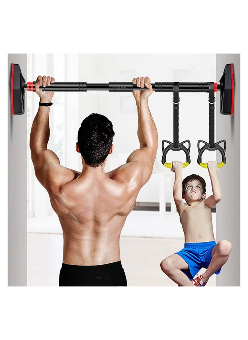 GGEROU Doorway Pull Up Bar with Indoor Swing Trapeze Bar and Cartoon Gymnastic Rings for Kids Adults,26in-39in with Red Swing  - Image 2