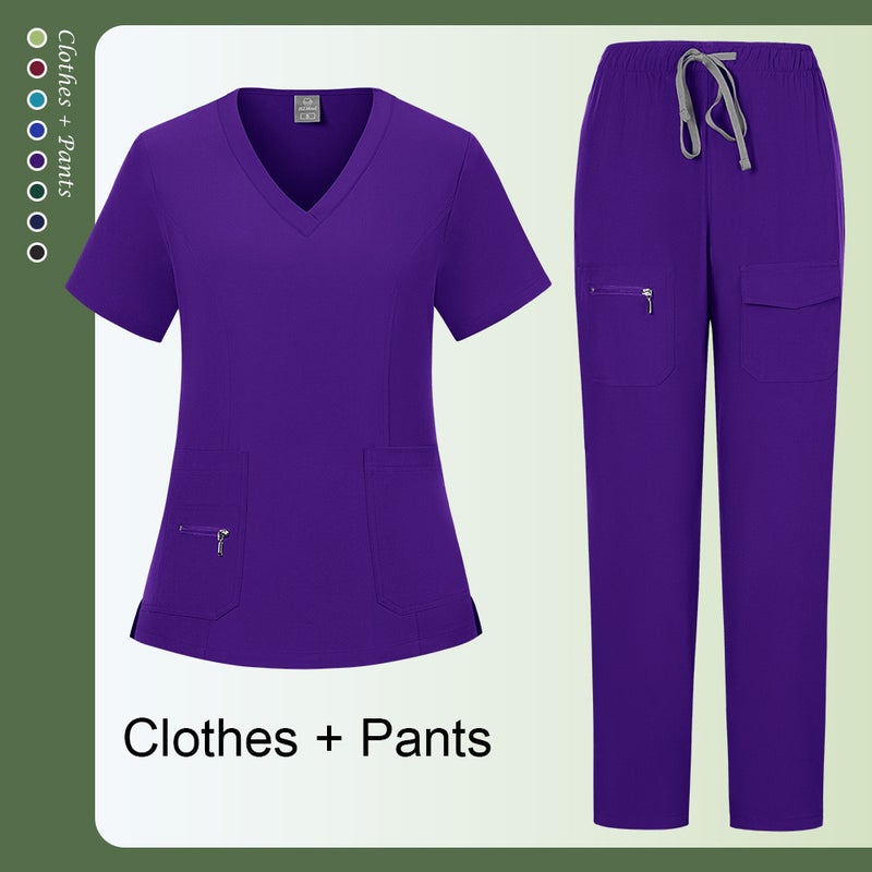 مجموعة 82021 البنفسجي الداكن بدلة مسحة قصيرة الأكمام لمستشفى تجميل الحيوانات والطبيب الأسنان - ملابس عمل الممرضات الجراحيات