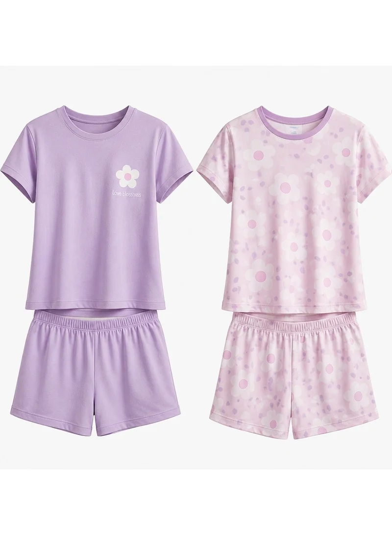 بنتي Girls' Floral Whispers Short Sleeve 2-pack Pajama Cotton Set - Lilac