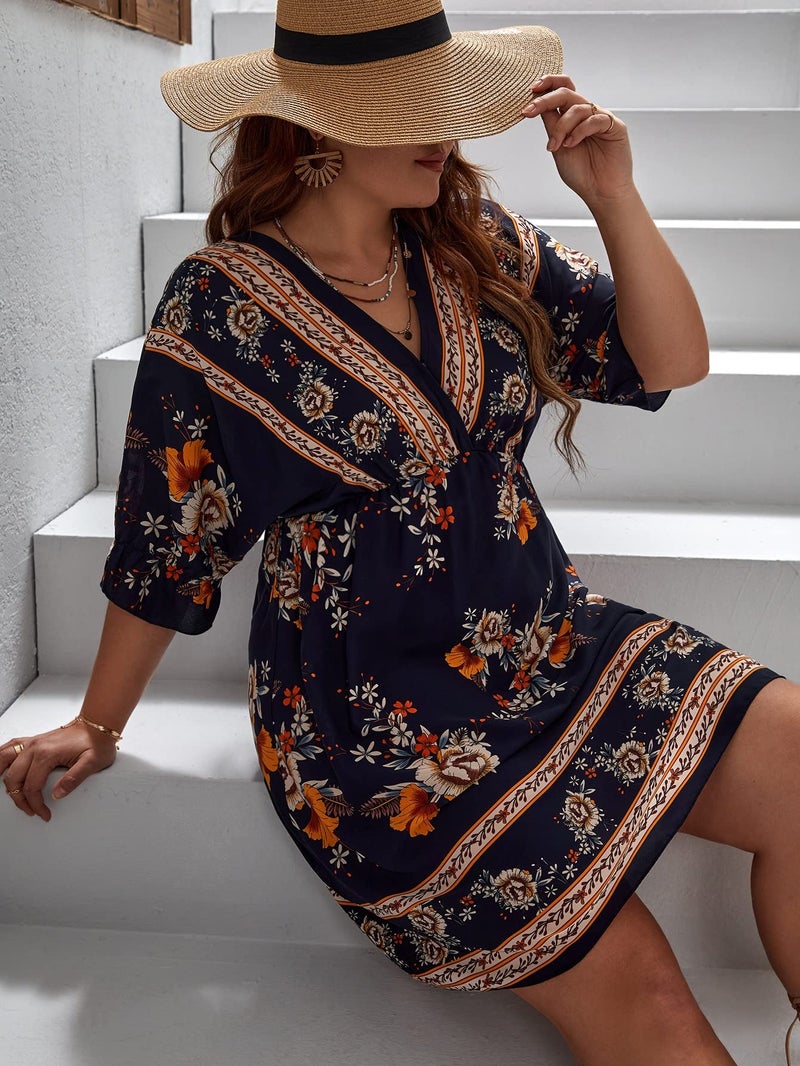 OYOANGLE Women's Plus Size Boho Floral Print High Waist V Neck Flared A Line Short Dress Navy Blue 2XL - Image 3