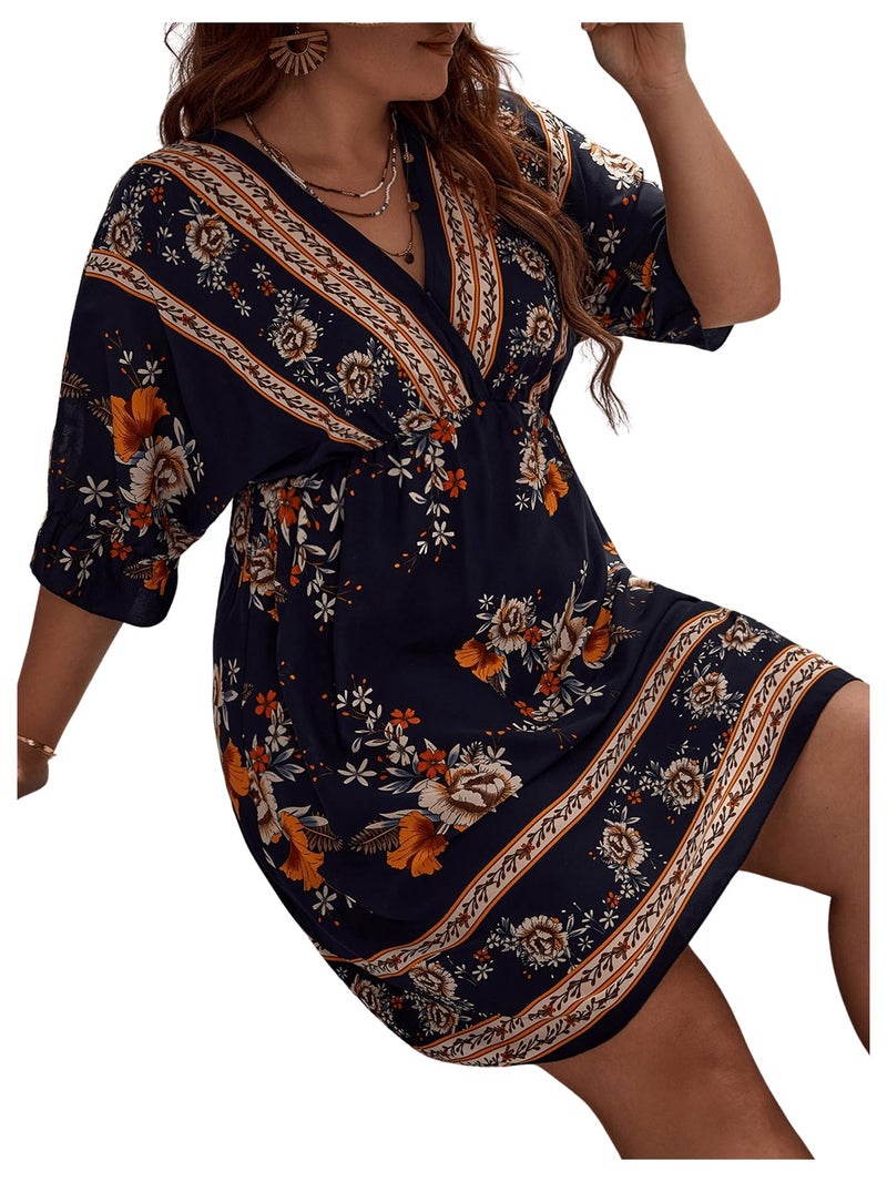 OYOANGLE Women's Plus Size Boho Floral Print High Waist V Neck Flared A Line Short Dress Navy Blue 2XL - Image 4