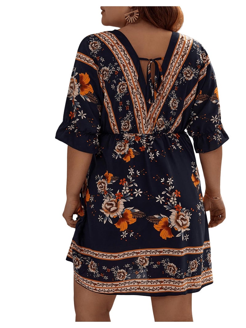 OYOANGLE Women's Plus Size Boho Floral Print High Waist V Neck Flared A Line Short Dress Navy Blue 2XL - Image 2