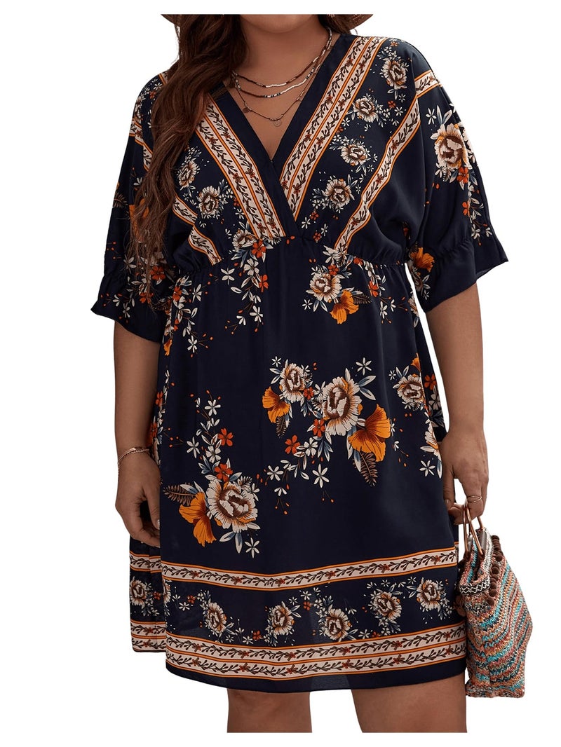 OYOANGLE Women's Plus Size Boho Floral Print High Waist V Neck Flared A Line Short Dress Navy Blue 2XL - Image 5