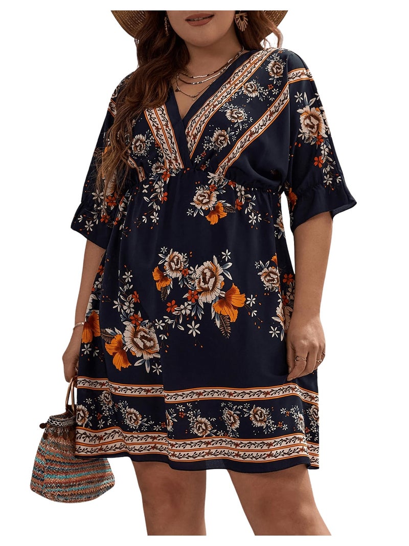 OYOANGLE Women's Plus Size Boho Floral Print High Waist V Neck Flared A Line Short Dress Navy Blue 2XL - Image 1