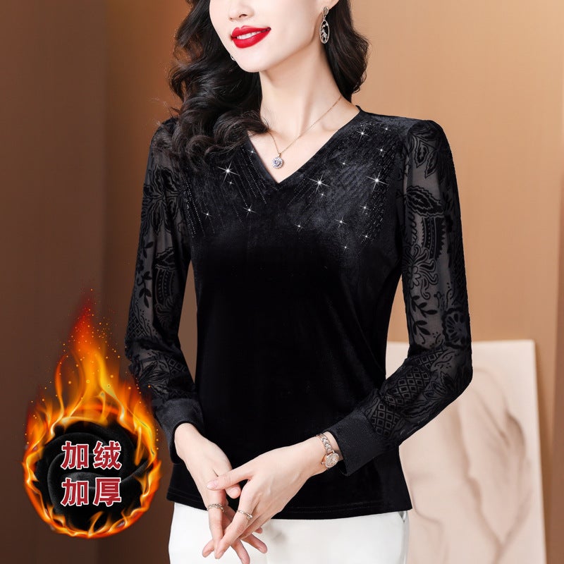 2023 V-Neck Rhinestone Black Gold Velvet T-Shirt Western Style Lace Stitching All-Match Long Sleeve Bottoming Shirt - Image 4