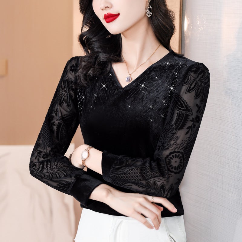 2023 V-Neck Rhinestone Black Gold Velvet T-Shirt Western Style Lace Stitching All-Match Long Sleeve Bottoming Shirt - Image 2