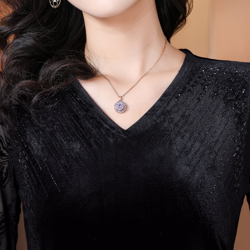 2023 V-Neck Rhinestone Black Gold Velvet T-Shirt Western Style Lace Stitching All-Match Long Sleeve Bottoming Shirt - Image 3