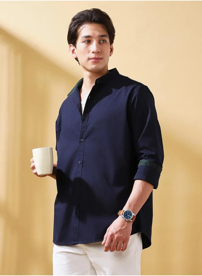 دينيس لينغو Men's Navy Cotton Blend Solid Button Down Regular Fit Shirt