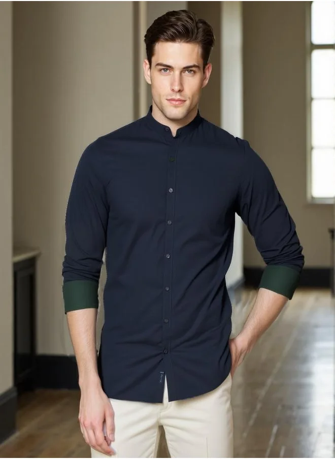 دينيس لينغو Men's Navy Cotton Blend Solid Button Down Regular Fit Shirt
