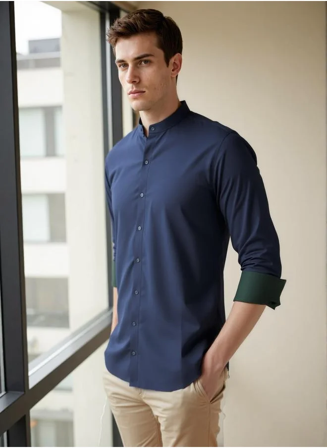 دينيس لينغو Men's Navy Cotton Blend Solid Button Down Regular Fit Shirt