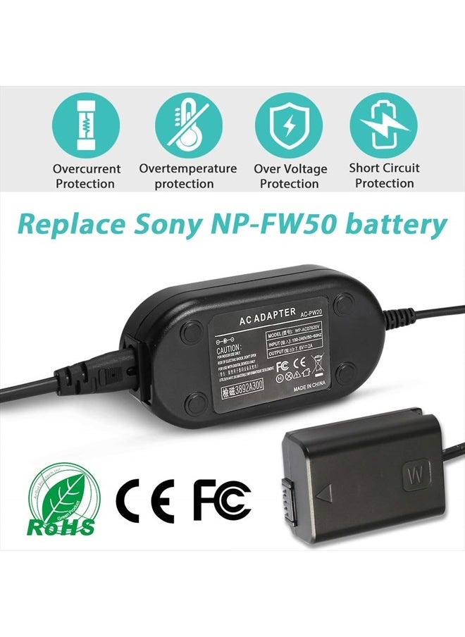 PowEver - AC-PW20 Camera AC Adapter Charger Kit (NP-FW50 Battery Replacement) fit for Sony Alpha NEX-5 NEX-3 A6000 A6300 A6400 A6500 A5100 A7 A7II A7RII A7SII A7S A7R A7R2 A7S2 RX10 Cameras - Image 1