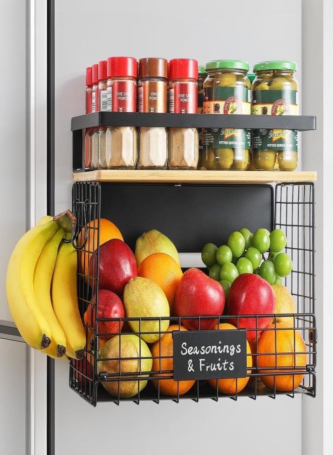 Snuvid Strong Magnetic Shelf Basket for Fridge with Bamboo Top & Tag - Large Magnetic Spice Rack, Food Fruit Vegetable Bins for Refrigerator, Pantry Organizers and Storage, Kitchen Coffee Laundry Accessories - Image 1