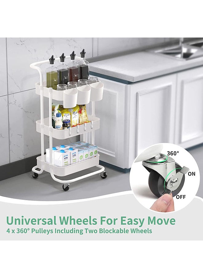 Arabest - 3-Tier Rolling Utility Cart Storage Shelves Multifunction Storage Trolley Service Cart with Mesh Basket Handles and Wheels Easy Assembly for Bathroom, Kitchen, Office (White) - Image 1