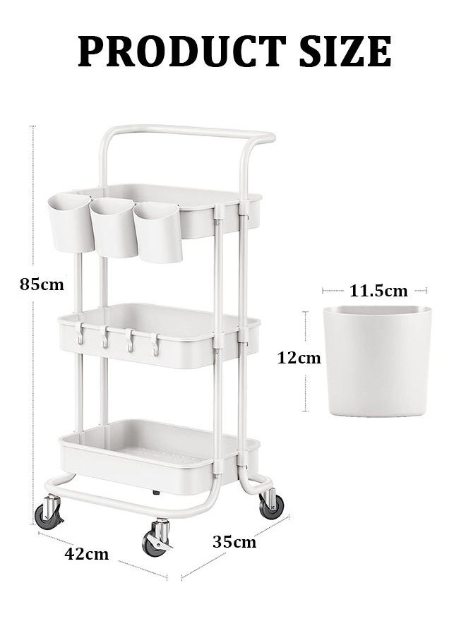 Arabest - 3-Tier Rolling Utility Cart Storage Shelves Multifunction Storage Trolley Service Cart with Mesh Basket Handles and Wheels Easy Assembly for Bathroom, Kitchen, Office (White) - Image 1