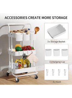 Arabest 3-Tier Rolling Utility Cart Storage Shelves Multifunction Storage Trolley Service Cart with Mesh Basket Handles and Wheels Easy Assembly for Bathroom, Kitchen, Office (White)  - Image 2