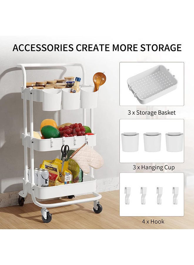 Arabest - 3-Tier Rolling Utility Cart Storage Shelves Multifunction Storage Trolley Service Cart with Mesh Basket Handles and Wheels Easy Assembly for Bathroom, Kitchen, Office (White) - Image 1