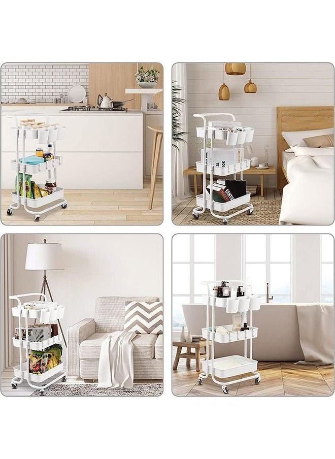 Arabest - 3-Tier Rolling Utility Cart Storage Shelves Multifunction Storage Trolley Service Cart with Mesh Basket Handles and Wheels Easy Assembly for Bathroom, Kitchen, Office (White) - Image 1