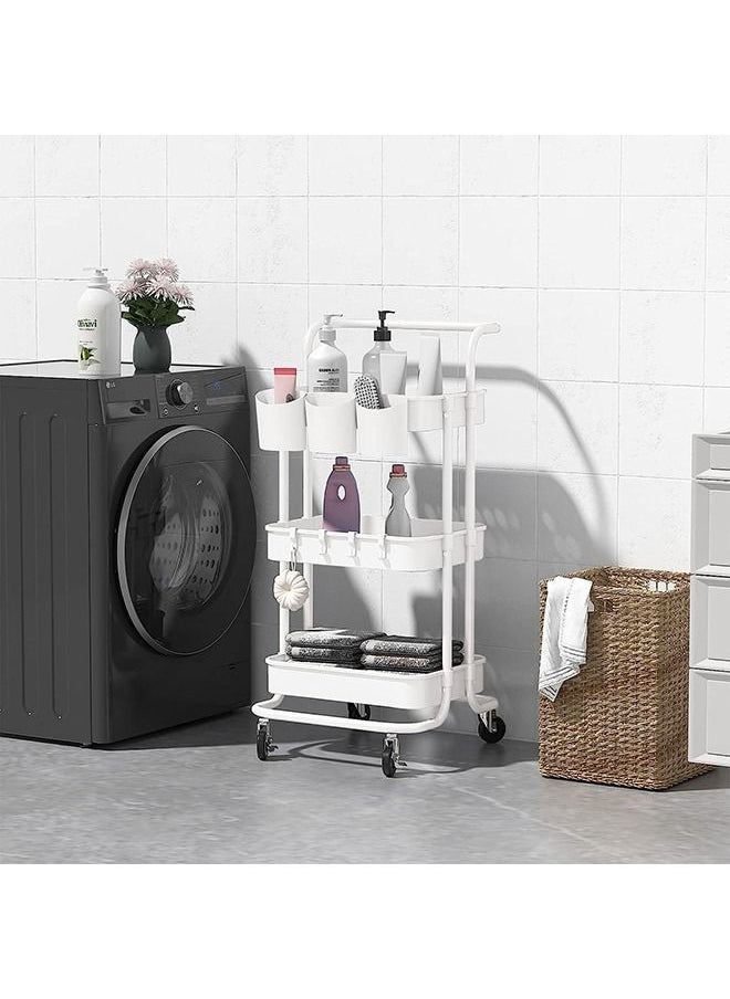 Arabest - 3-Tier Rolling Utility Cart Storage Shelves Multifunction Storage Trolley Service Cart with Mesh Basket Handles and Wheels Easy Assembly for Bathroom, Kitchen, Office (White) - Image 1