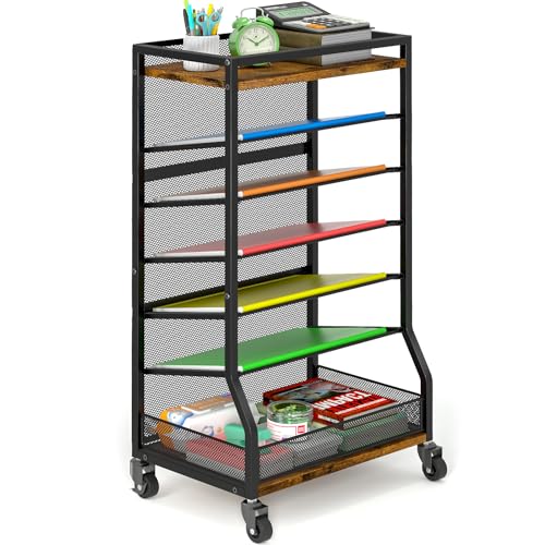 ThreeHio 7 Tier Rolling File Cart with Sliding Trays, Wood Metal File Organizer Beside Desk, Free-Standing File Holder, Paper Letter Tray Organizer Mesh Desk Organizer for Home Office School (Patent) - Image 1