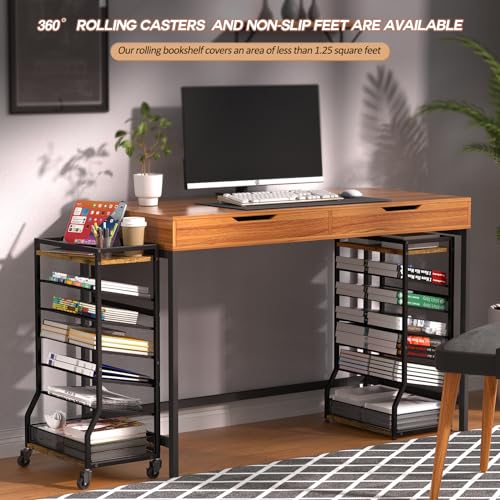 ThreeHio 7 Tier Rolling File Cart with Sliding Trays, Wood Metal File Organizer Beside Desk, Free-Standing File Holder, Paper Letter Tray Organizer Mesh Desk Organizer for Home Office School (Patent) - Image 3