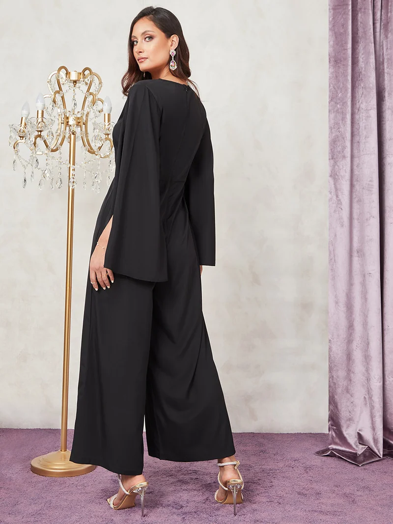 Styli  Slit Sleeves Wrap Front Wide Leg Jumpsuit for Women | Best Price UAE