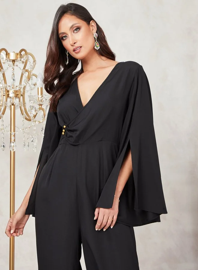 Styli Slit Sleeves Wrap Front Wide Leg Jumpsuit