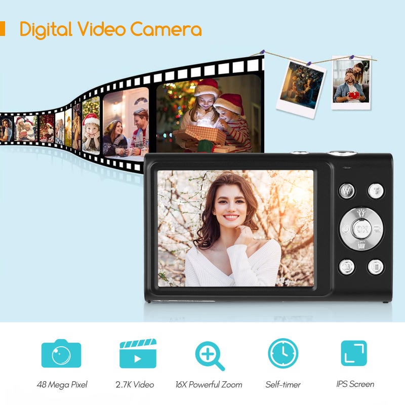 Kids Digital Camera: 2.7K Video 48MP Photo, 16X Digital Zoom 2.88 Inch IPS Screen - Multi-function Design with LED Fill Light Rechargeable Batteries, Toddler Camera for Kids Girls Boys Holiday Gifting - Image 2