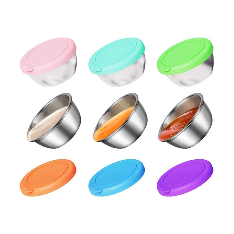 6 عبوات من أكواب صلصة الفولاذ المقاوم للصدأ قابلة لإعادة الاستخدام حاويات تتبيلة سلطة مانعة للتسرب مع أغطية سيليكون لنزهة الغداء