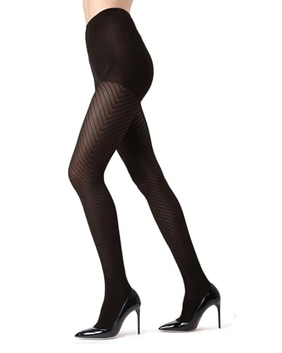 MeMoi Chevron Control Top Tights, Medium-Weight Smoothing Tummy Control Tights, 60 Denier - Sizes Small to Queen 2, Black, Small/Medium - Image 1