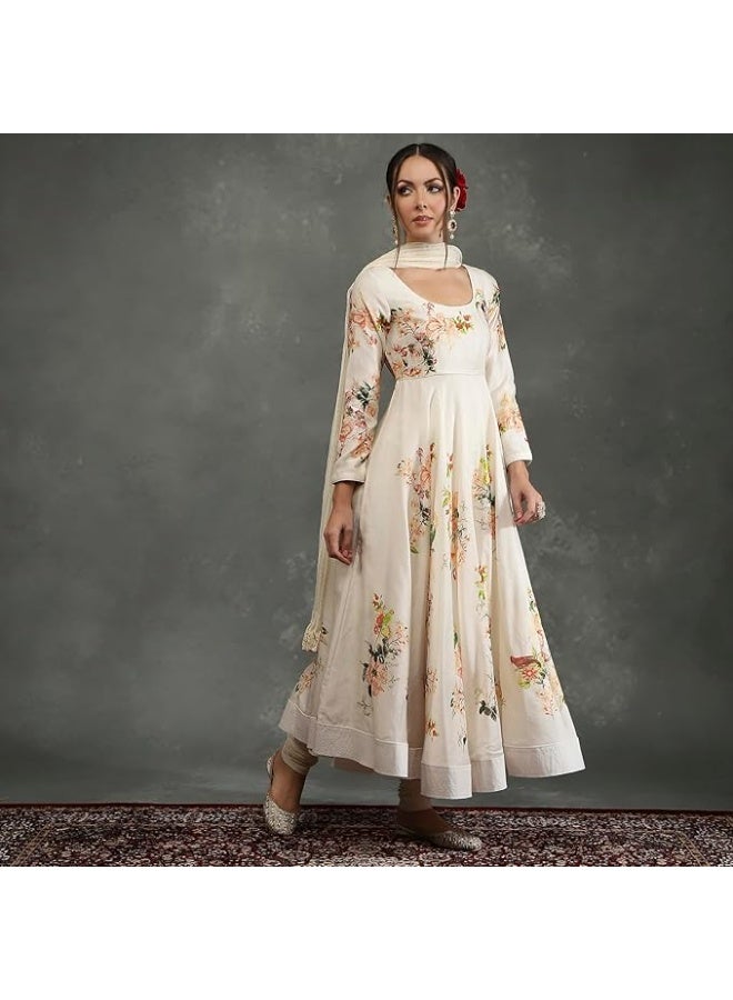 BIBA Women Silk Chanderi Anarkali Printed KURTA WITH PANT AND DUPATTA  Set L - Image 3