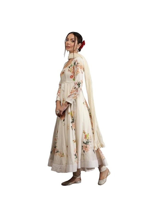 BIBA Women Silk Chanderi Anarkali Printed KURTA WITH PANT AND DUPATTA  Set L - Image 1