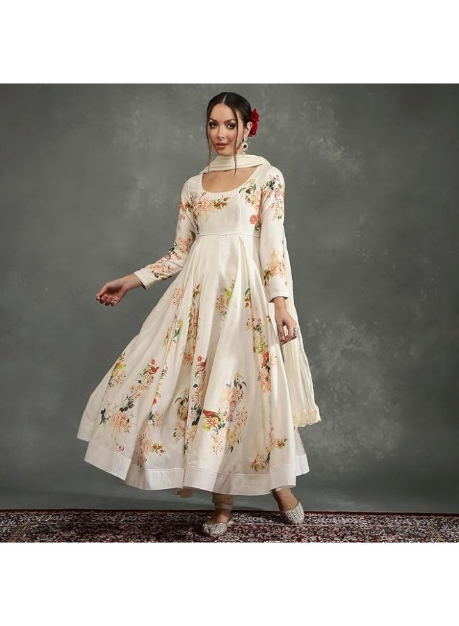 BIBA Women Silk Chanderi Anarkali Printed KURTA WITH PANT AND DUPATTA  Set L - Image 2