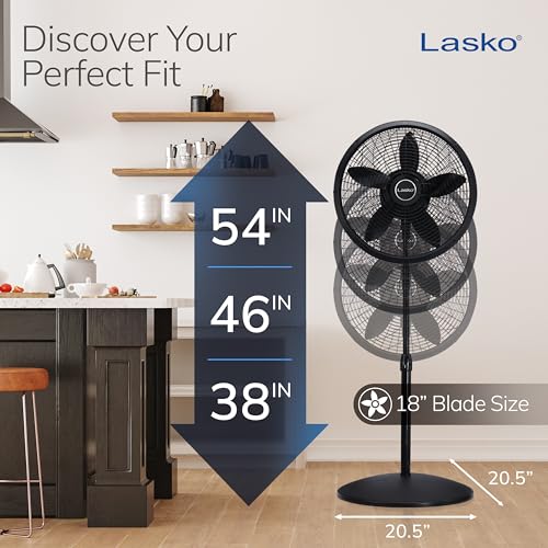 Lasko Pedestal Fan, Oscillating Fan for Bedroom with Adjustable Height and 3 Cooling Speeds, Portable, 18", Black, 1827 - Image 4