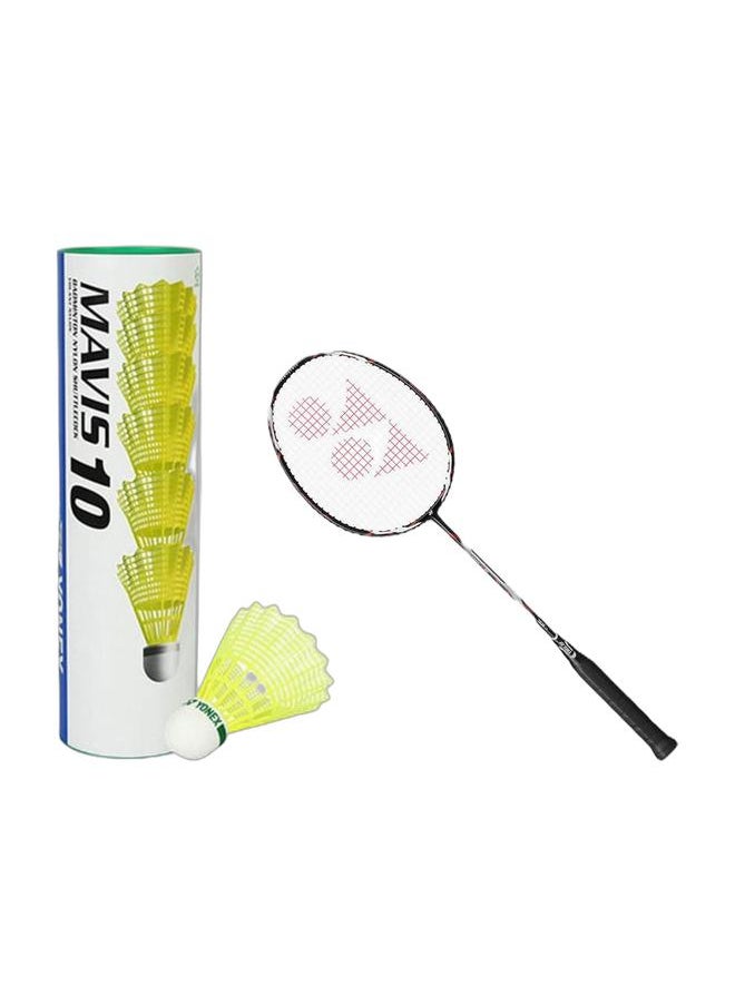 Yonex Voltric 0F Black Red 4U G5 Racket + Mavis 10 Green Cap Slow Badminton Shuttlecock 6 Pack, Yellow Pack  - Image 1