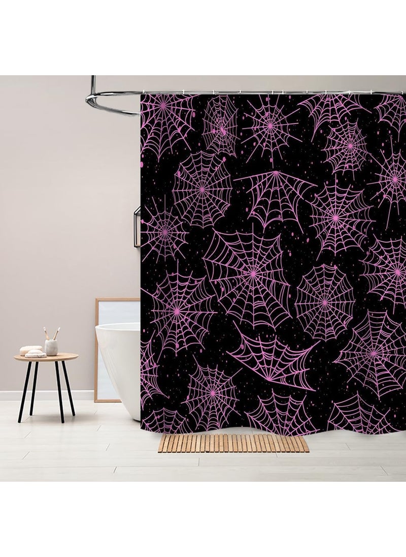 Ticuenicoa Ticuenicoa Spider Web Shower Curtain Halloween Theme Spider Print Shower Curtain Black Pink Web Decor Bathroom Curtains Fabric Bath Curtain with 12 Hooks Sets 72x72 Inches  - Image 2