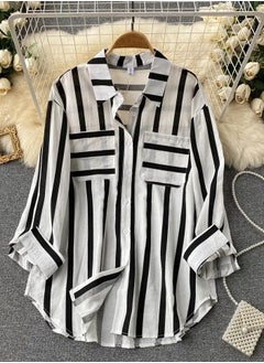 Loquat Women's Striped Button Down Shirts Casual Long Sleeve Stylish Blouses Tops with Pockets Black Stripes 