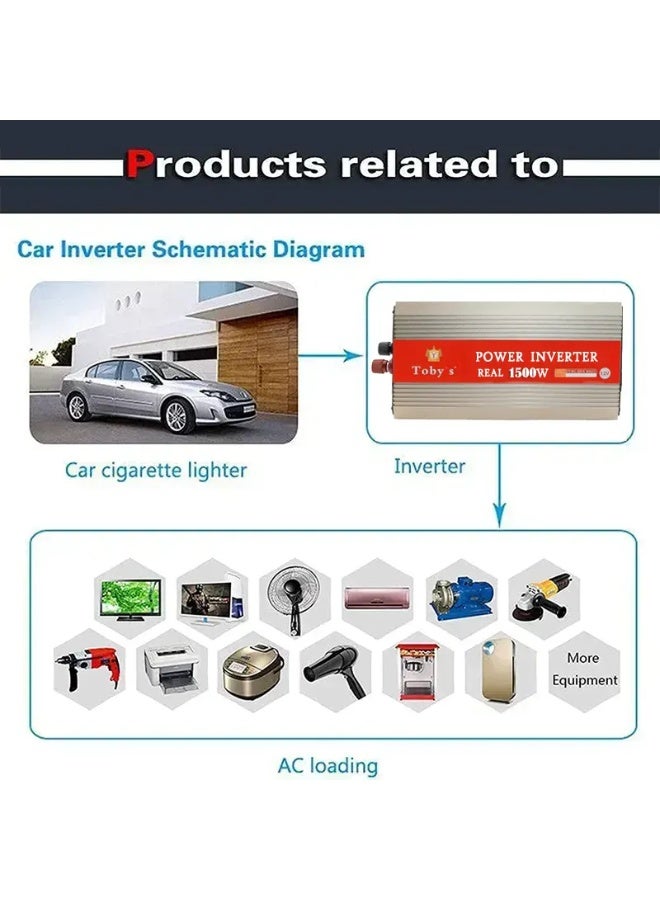 توبيز محول طاقة للسيارة 1500 واط، شاشة LED، محول طاقة تيار متردد من 12 فولت إلى 220 فولت، عاكس موجة جيبية معدلة لأجهزة الكمبيوتر المحمول والكمبيوتر اللوحي والأنظمة الشمسية والتخييم - INVERTER 1500 - Image 4