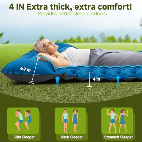 Seektain Double Camping Sleeping Pad 4 Extra Thick 2 Person Inflatable Sleeping Pad with Builtin Foot Pump Pillow Ultralight Self Inflating Camping Mattress for Tent Backpacking Hiking Travel RV - Image 3