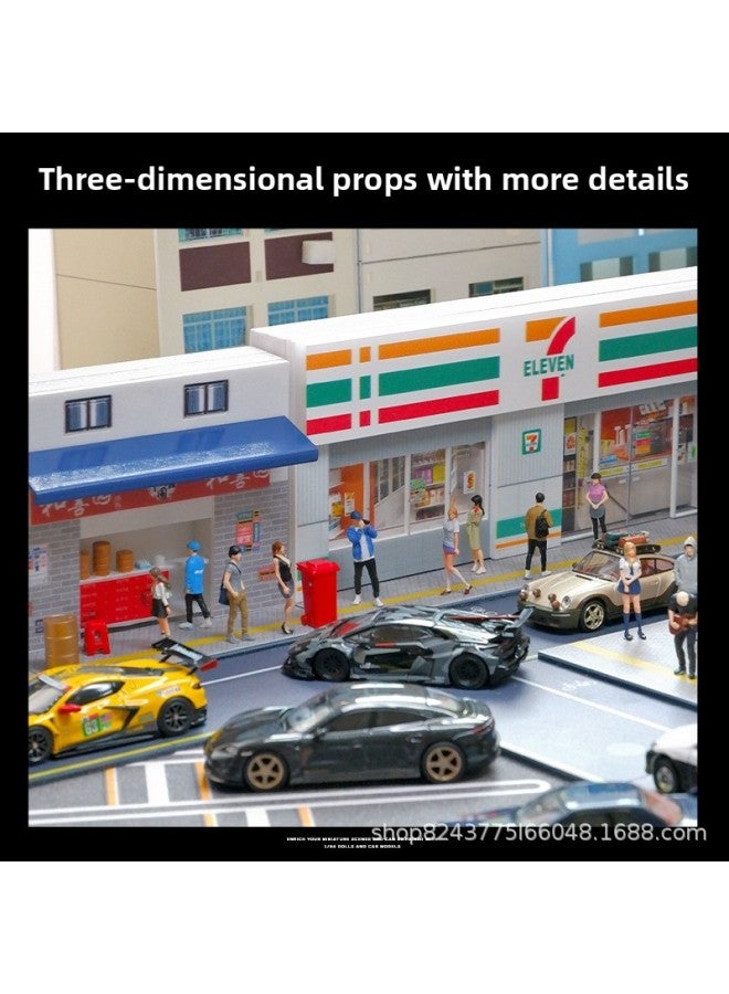 Simulation 1:64 Miniature McDonald's 711 Convenience Store Supermarket Building Scene Model Street View Micro With Lights Ornaments-Color:Shaxian Snack Scene-with Lights